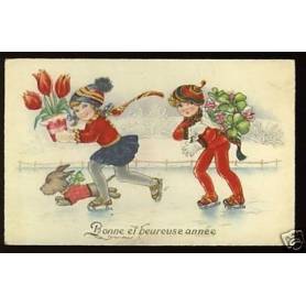 Deux filles patinant avec le chien illustree par ???