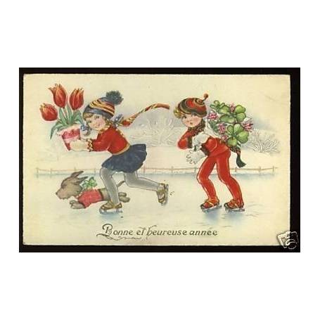 Deux filles patinant avec le chien illustree par ???