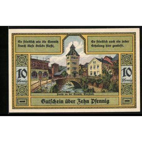 Notgeld Wurzbach I. Thuringe 1921 10 Pfennig vue sur la ville avec riviere et pont