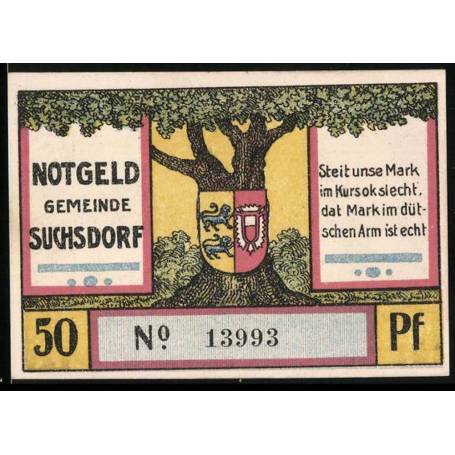 Notgeld Suchsdorf 1921 50 Pfennig armoiries sur l'approche des arbres des Danois