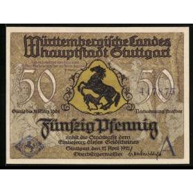 Notgeld Stuttgart 1921 50 Pfennig vue sur la ville et armoiries