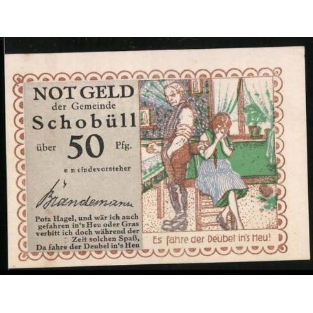 Notgeld Schobull 50 Pfennig Une jeune femme pleure devant un pere en colere