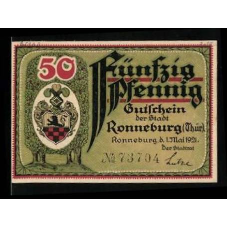 Notgeld Ronneburg / Thur 1921 50 Pfennig Armoiries et Hotel de Ville en Chene