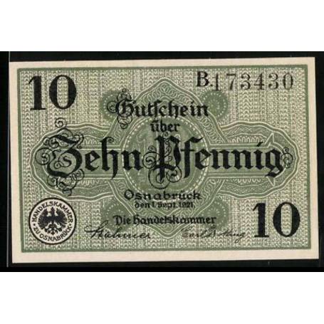 Notgeld Osnabruck 1921 Monogramme de fond 10 Pfennig Chambre de Commerce d'Osnabruck