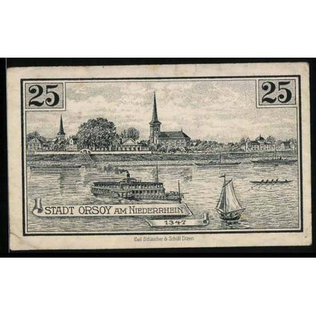 Notgeld Orsoy 1921 25 Pfennig bateau a vapeur et voilier devant l'eglise de Kuhtor