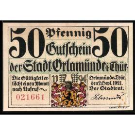 Notgeld Orlamunde 1921 armoiries de la ville vue sur la ville au lever du soleil