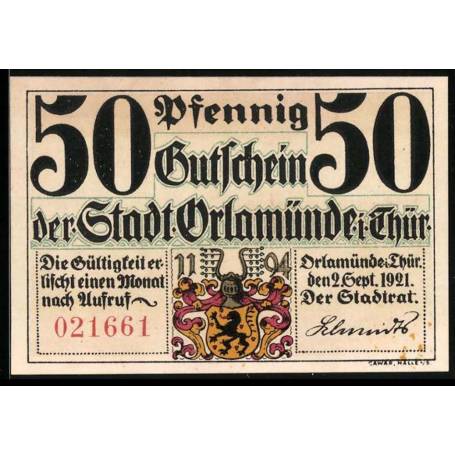 Notgeld Orlamunde 1921 armoiries de la ville vue sur la ville au lever du soleil