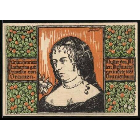 Notgeld Oranienbaum 1922 50 Pfennig Princesse Henriette Katharina Scene de rue avec eglise