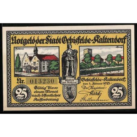 Notgeld Oebisfelde-Kaltendorf 1921 25 Hotel de ville de Pfennig et le chateau