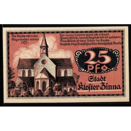 Notgeld Monastere de Zinna 1920 25 Pfennig L'eglise du monastere a ete fondee en 1171