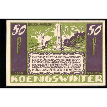 Notgeld Konigswinter 1921 50 Pfennig Le monument a l'insurrection populaire de 1813