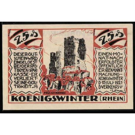 Notgeld Konigswinter / Rhin 1921 25 ruines du chateau de Pfennig et Kath Walpottin V Bassenheim Burgravine de Drachenfels