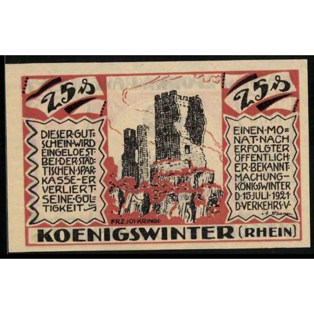 Notgeld Koenigswinter / Rhin 1921 25 ruines du chateau de Pfennig et Kath Walpottin V Bassenheim Burgrave de Drachenfels