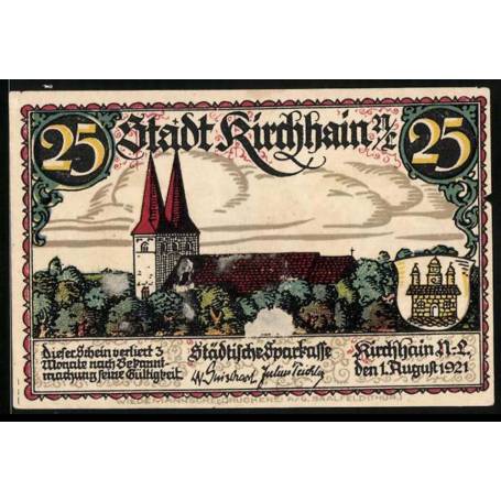 Notgeld Kirchhain /N L 1921 25 Pfennig Armoiries Section de l'eglise Travaux de construction en ville