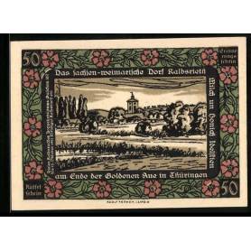 Notgeld Kalbsrieth 50 Pfennig Vue sur la ville avec ses environs Couronnes Rosalie Novalis Figure Ornements floraux