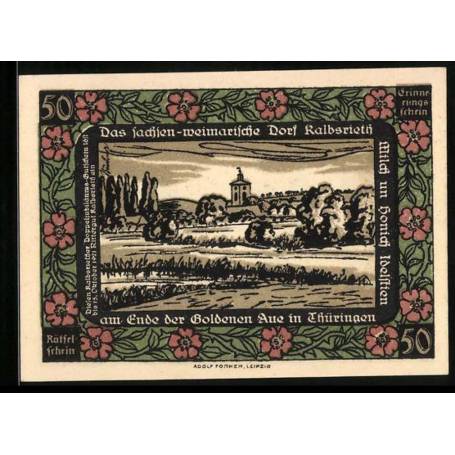 Notgeld Kalbsrieth 50 Pfennig Vue sur la ville avec ses environs Couronnes Rosalie Novalis Figure Ornements floraux