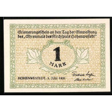 Notgeld Hohenwestedt 1921 1 Mark Lot au monument