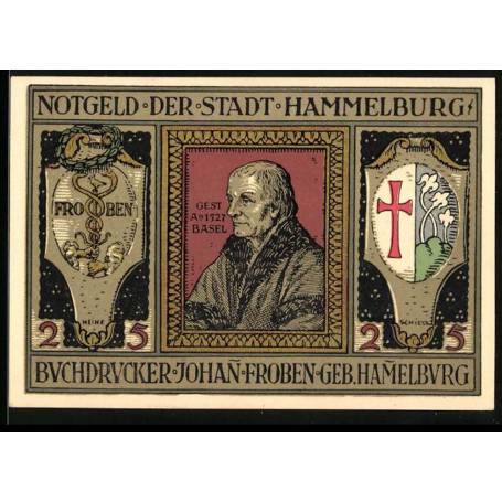 Notgeld Hammelburg 1918 25 Pfennig imprimeur Johan Froben et vue sur la ville