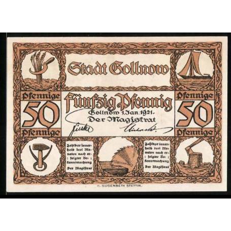 Notgeld Gollnow 1921 50 Pfennig Eglise et outils