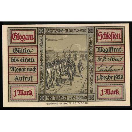 Notgeld Glogau / Silesie 1920 1 Mark Le desarmement de l'occupation francaise de Glogau