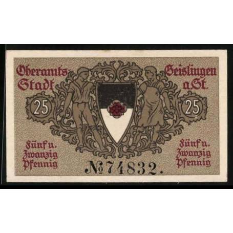 Notgeld Geislingen A St 1920 25 Pfennig Jeunes Ouvriers et Armoiries