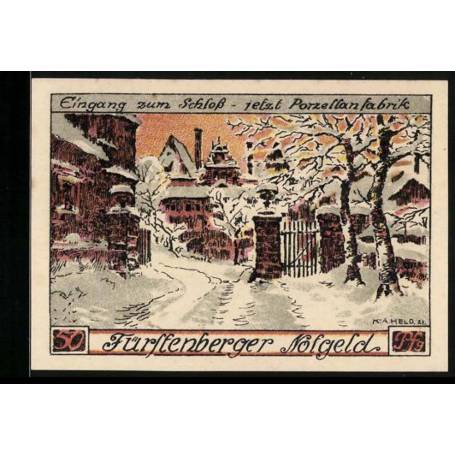 Notgeld Furstenberg A D Weser 1921 50 Pfennig Entree du chateau maintenant usine de porcelaine dans la neige