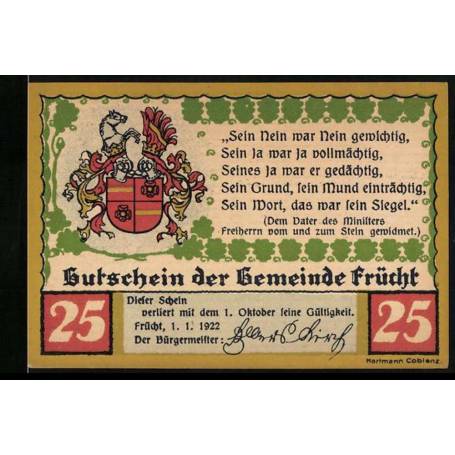 Notgeld Frucht 1922 25 Pfennig Heinrich Friedrich Karl Reichsfreiherr Vom und Zum Stein