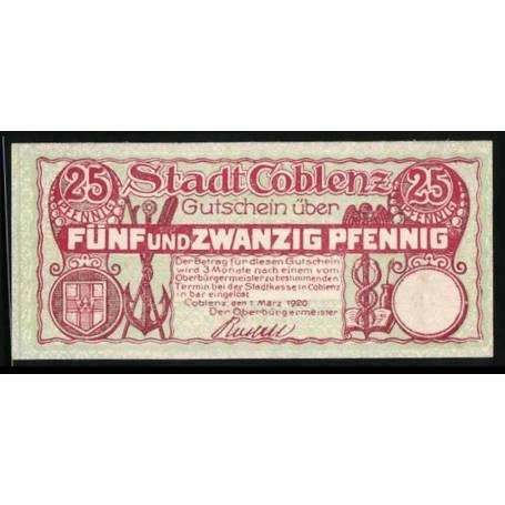 Notgeld Coblence 1920 25 Pfennig Armoiries Signature d'ancre du maire