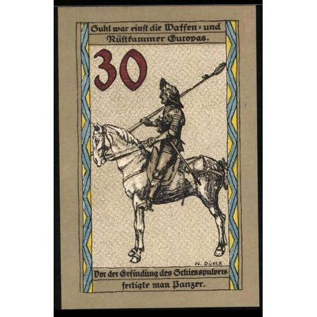 Notgeld Chasseur monte Suhl 30 Pfennig avec lance et armure blindee