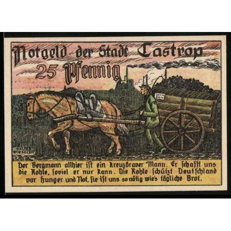 Notgeld Castrop 1921 Mineur 25 Pfennig avec cheval et charrette a charbon