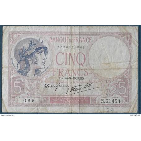 Billet de 5 francs Violet - 24-8-1939