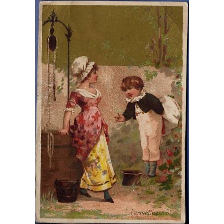 Chromo - Couple d'enfants - Permettez-moi - Bon état - 11 cm x 7.5 cm