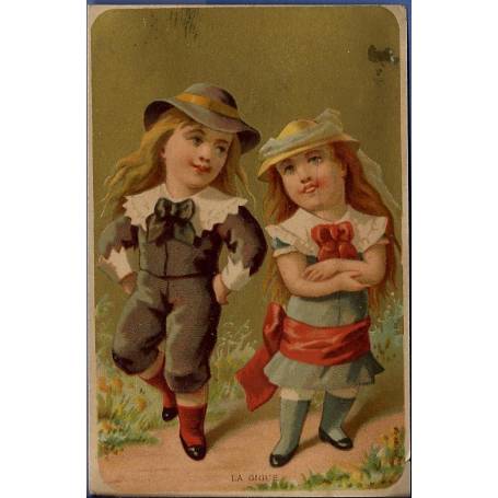 Chromo - Couple d'enfants - La Guigue - Traces de colle - 11.5 cm x 7.